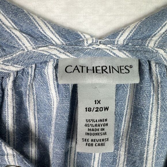 Catherines Women Top Blouse Sz‎ 1X  Blue White Striped Linen Blend Dolman Sleeve - Picture 4 of 11